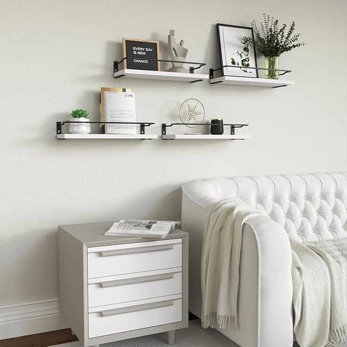 RICHER HOUSE White Bathroom Floating Wall Shelf Set of 4, Small Organizer Over Toilet Storage, Guard-Rail Kitchen Shelves - White
