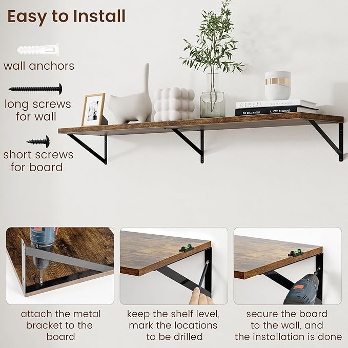 Axeman 12 Inch Deep Floating Shelves for Wall - 55 Inch Wide x 12 Inch Deep Wall Shelves Set of 2 - Rustic Wood Floating Shelves for Living Room