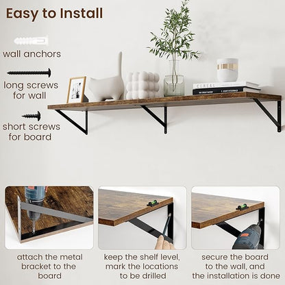 Axeman 12 Inch Deep Floating Shelves for Wall - 55 Inch Wide x 12 Inch Deep Wall Shelves Set of 2 - Rustic Wood Floating Shelves for Living Room