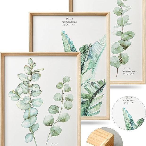 Framed Wall Art,Minimalist Botanical Canvas Wall Art for Living Room,12x16in Plant Wood High-Framed Design Flower Green Eucalyptus Leaf Artworks Prints Poster for Bathroom,Bedroom Set of 3
