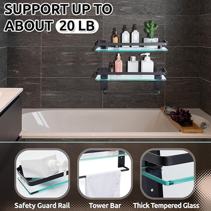 Suzile Set of 2 Glass Bathroom Shelves with Bar, Wall Mounted 15.7 x 4.7 Inches, Bathroom Shelves Hanging Modern Floating Shelf Metal Stick Room Rustproof Organizer Decorative(Black)