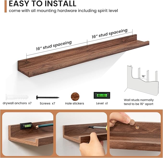 Fun Memories Picture Ledge Shelves Set of 2, 36 Inch Rustic Wall Mounted Floating Shelves with Lip for Home Storage and Décor in Bathroom, Kitchen, Nursery, Bedroom, Living Room, Walnut