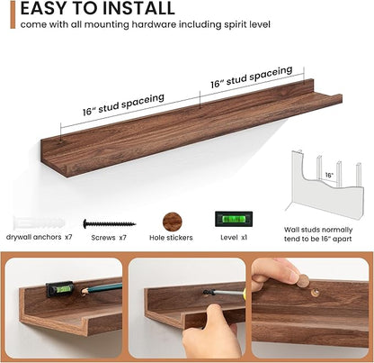 Fun Memories Picture Ledge Shelves Set of 2, 36 Inch Rustic Wall Mounted Floating Shelves with Lip for Home Storage and Décor in Bathroom, Kitchen, Nursery, Bedroom, Living Room, Walnut