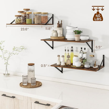 24"W x 12"D Wall Shelves for Books, 12 Inch Deep Floating Shelves Set of 3, Wide Floating Bookshelf with Metal Bracket for Living Room, Kitchen, Office, Bedroom and Decor Storage - Rustic Brown