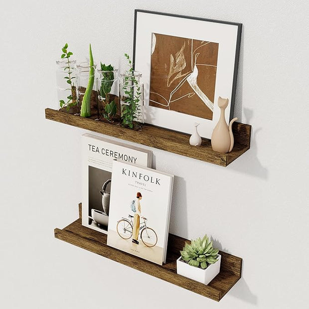 Axeman Floating Shelves | Picture Ledge Shelf Set of 2 | Rustic Brown Wall Shelves with Lip | Brown Picture Shelf for Wall with Ledge | Photo Ledges 16 Inch