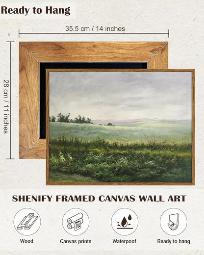 SHENIFY Landscape Framed Canvas Wall Art Vintage Classical The Vast Grassland Prints Hallway Bathroom Office Decor - 11x14in Natural Framed