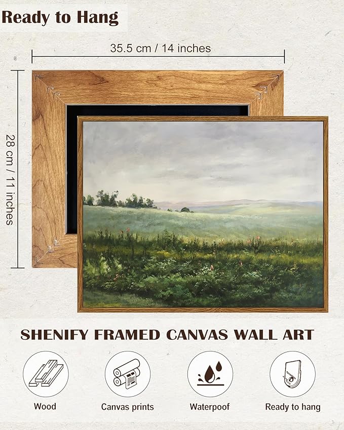 SHENIFY Landscape Framed Canvas Wall Art Vintage Classical The Vast Grassland Prints Hallway Bathroom Office Decor - 11x14in Natural Framed