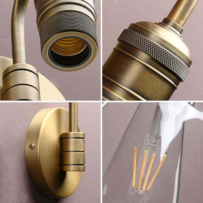 Yosoan 1-Light Brass Modern Vintage Indoor Wall Sconce, Vanity Single Luxury Hardwired Retro Textured Clear Oval Cone Glass Shade with Industrial Curved Rod Bathroom Lamp(Antique)