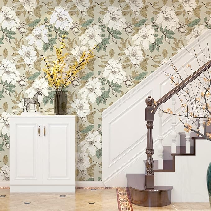 Beige Floral Wallpaper Peel and Stick, White Flowers Contact Paper, Vintage Botanical Boho Wall Paper Waterproof Self Adhesive Removable for Room Shelves Cabinet Drawer Table Decor 17.5" x 118"