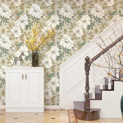 Beige Floral Wallpaper Peel and Stick, White Flowers Contact Paper, Vintage Botanical Boho Wall Paper Waterproof Self Adhesive Removable for Room Shelves Cabinet Drawer Table Decor 17.5" x 118"