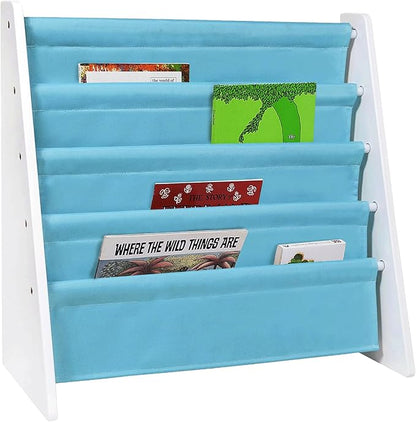Wildkin Wooden Sling Bookshelf for Kids – Premium Canvas Design with 4 Fabric Shelves, Organizer for Home or Classroom - White w/Aqua