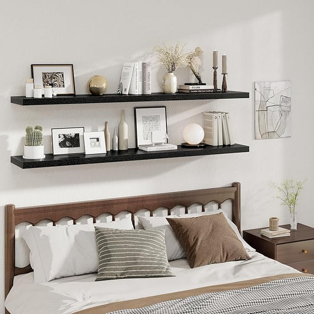 Fun Memories Black Deep Floating Shelves, 72 x 12 Inch Long Wall Shelves, Large Display Shelf & Storage Shelf, Wood Floating Wall Shelves for Fireplace Mantel, Living Room, Home Office - Set of 2