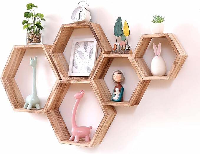 WONFUlity Hexagon Floating Shelves Honeycomb Shelves Wall Mounted Wood Farmhouse Storage Wall Shelf for Bathroom, Kitchen, Bedroom, Living Room,Driftwood Finish Decor,Light Brwon