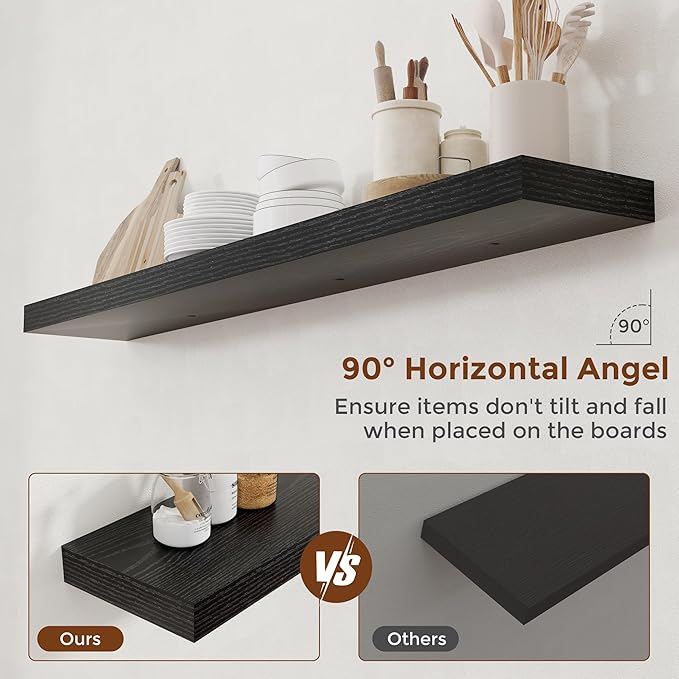 Heimlove 55 Inch Floating Shelves for Wall 8 Inch Deep Black Shelves Set of 2,Wall Mounted Rustic Wood Long Floating Shelf，Large Extra Display & Storage Shelf with Invisible Brackets