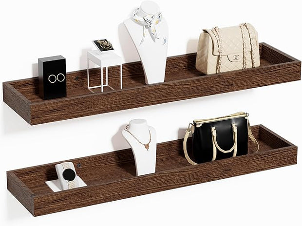 Floating Shelves for Wall, Wooden Wall Shelves for Bedroom Living Room Kitchen, Modern and Rustic Bathroom Shelves with Raised Lip, Decor Floating Shelf for Storage (Walnut-Like,2 Set,23.6 in)