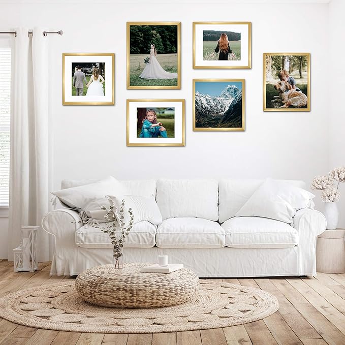 upsimples 9x12 Picture Frame Set of 5, Display Pictures 6x8 with Mat or 9 x 12 Without, Wall Gallery Photo Frames, Gold