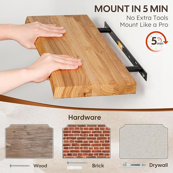 Live Edge Floating Shelf, 40 Inch Rustic Solid Elm Wood - Natural Wood Tone with Invisible Brackets, Wall Mounted for Living Room, Kitchen, Bathroom