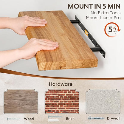 Floating Shelves Set of 2, Solid Elm Wood Wall Shelves 24 Inch - Invisible Bracket Mount for Living Room, Bedroom, Kitchen, Bathroom - Natural