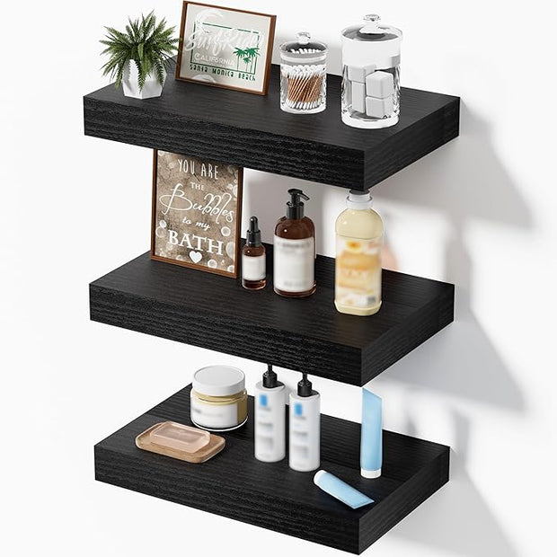 Floating Shelves for Wall, Bathroom Shelves Over Toilet, Wall Shelves & Book Shelf for Room, Hanging Shelf, Modern Wooden Wall-Mounted Small Floating Shelves, 12x7x1.5 in (Black, Set of 3)