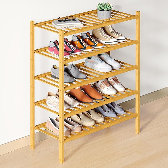 Smiry Bamboo Shoe Rack for Closet, 5 Tier Wooden Stackable Shoe Organizer, Free Standing Shoes Storage Shelf for Entryway, Front Door Entrance, Natural