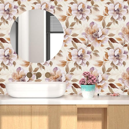 Purple Floral Peel and Stick Wallpaper Watercolor Contact Paper 17.5" × 118" Waterproof Vinyl Self Adhesive Vintage Brown Flower Wall Paper for Bedroom Walls Cabinet Locker Decor