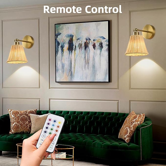 Battery Operated Wall Sconce Set of Two, Rechargeable Wall Sconces with Remote RGB 15 Colors Dimmable, Farmhouse Boho Wall Lights for Bedroom Living Room Entryway