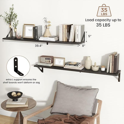 Axeman 40 Inch Floating Shelves | 8 Inch Deep Black Wall Shelves Set of 2 | 39.4" W x 8" D Rustic Black Wood Shelves for Bathroom Kitchen Living Room