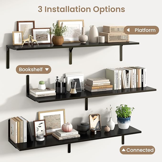 Fun Memories Floating Shelves for Wall, 12 Inch Deep Floating Shelves Set of 2, Wall Mounted Shelf with Metal Brackets, Rustic Wood Wide Shelf for Bathroom, Kitchen and Living Room, Black, 55W x 12D