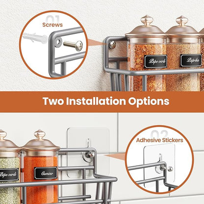 5 Pack Spice Rack Seasoning Organizer Wall Mount, Screw or Adhesive Hanging Shelf Basket Spice Organizer Shelf for Kitchen, Gray