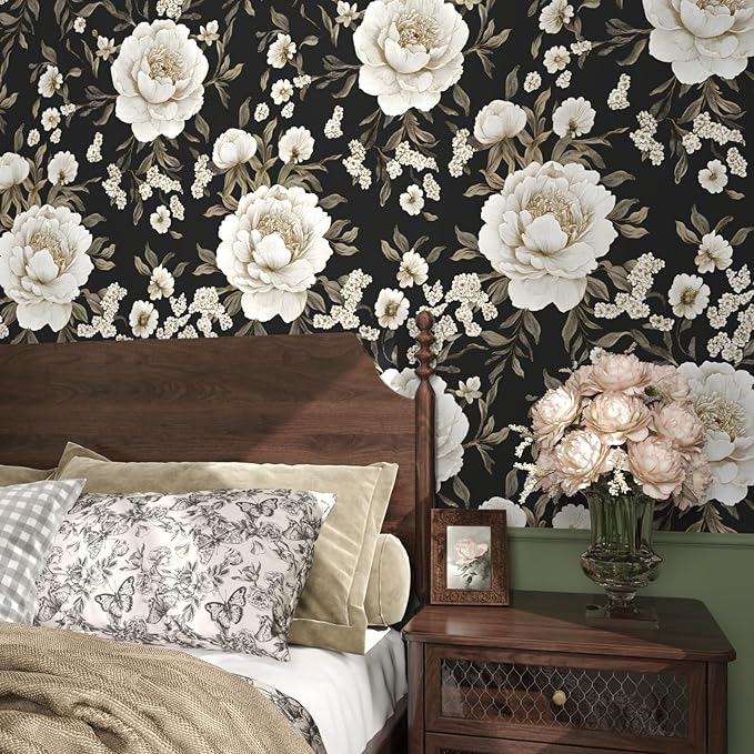 Boho Wallpaper Peel and Stick Dark Floral Wallpaper for Cabinet 17.5in x118in Vintage Contact Paper Waterproof Self Adhesive Modern Flowers Leaf Wall Paper for Room Walls Bathroom Decor