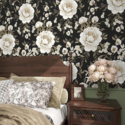 Boho Wallpaper Peel and Stick Dark Floral Wallpaper for Cabinet 17.5in x118in Vintage Contact Paper Waterproof Self Adhesive Modern Flowers Leaf Wall Paper for Room Walls Bathroom Decor