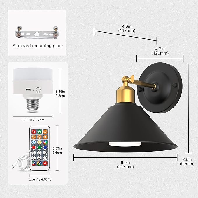 DORESshop Black and Gold Vintage Battery Operated Wall Sconces Set of 2, Wireless Battery Powered Wall Lights with Remote Control, Rechargeable Wall Sconce for Living Room, Bedroom Farmhouse