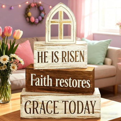 Easter Decorations - He Is Risen Cross Tiered Tray Decor - Faith Restores Grace Today Religious Wooden Tabletop Sign - Farmhouse Easter Christian Home Decor Indoor - Spring Home Decor for Living Room, Kitchen Counter, Seasonal Farmhouse Display