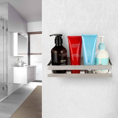 OwnMy 10 Inch Bathroom Shower Shelf Stainless Steel Bath Kitchen Basket Shower Caddy Rack, Rust Proof Metal Bathroom Storage Floating Shelves Wall Mounted Shower Corner Rectangular Shelf (Silver)