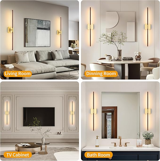 Walnut Battery Operated Wall Sconce with Remote Control, Rechargeable Wall Sconces Set of 2, LED Wireless Wall Light, 24″ Modern Sconce Wall Decor for Background Wall, Bedroom, Living Room