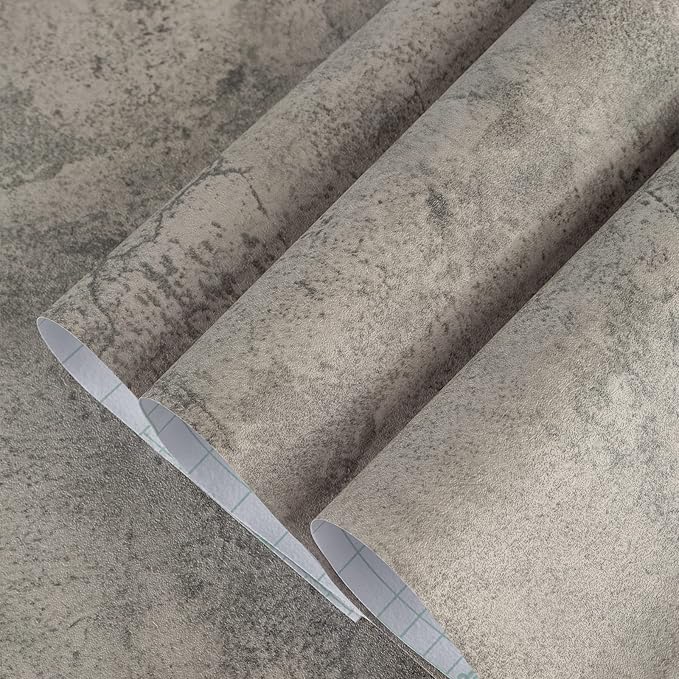 32x590in Extra Wide Grey Concrete Wallpaper Peel and Stick 3D Cement Look Contact Paper Matte Thicken Adhesive Waterproof Vinyl Wall Sticker for Bedroom Living Room Retro Industrial Style Earthy Grey