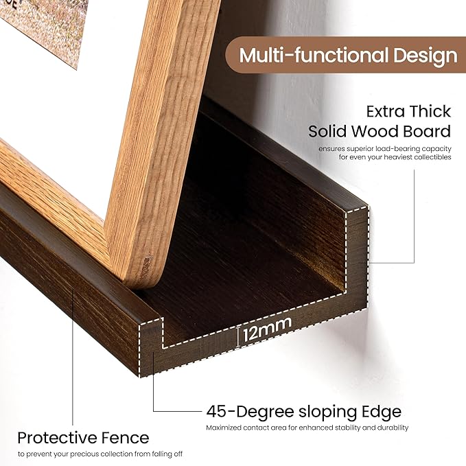 Picture Ledge Shelf, Solid Pine Wood Floating Shelves Set of 2, 24 Inches Nursery Book Shelves for Toys Storage, Kids Bookshelf Wall Mounted for Living Room Bedroom Decor Books Photo Frames, Walnut
