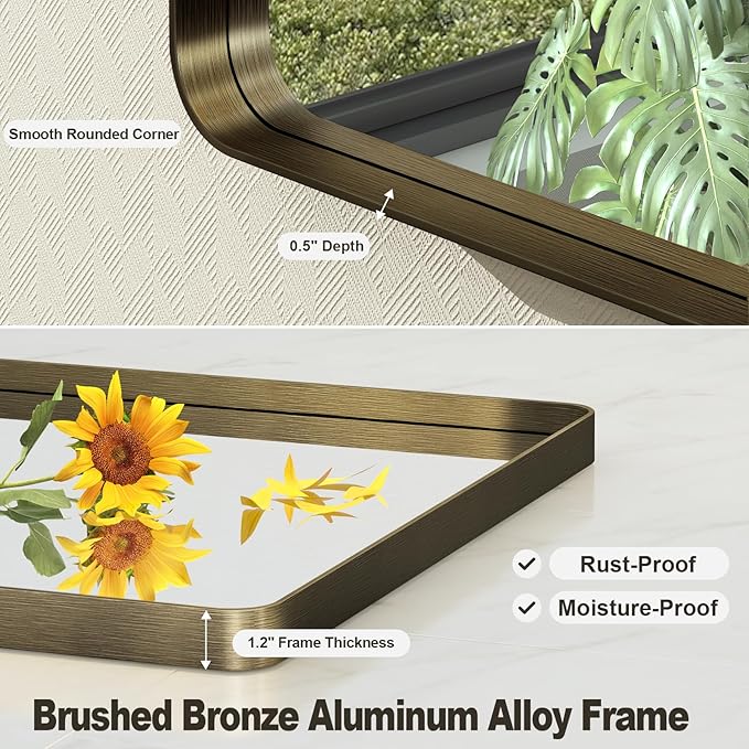 48x32 Bronze Framed Bathroom Mirror, Brushed Bronze Metal Vanity Mirror, Bronze Rectangle Mirror for Wall, Rounded Corner, Tempered Glass, Anti-Rust, Shatterproof (Horizontal/Vertical)