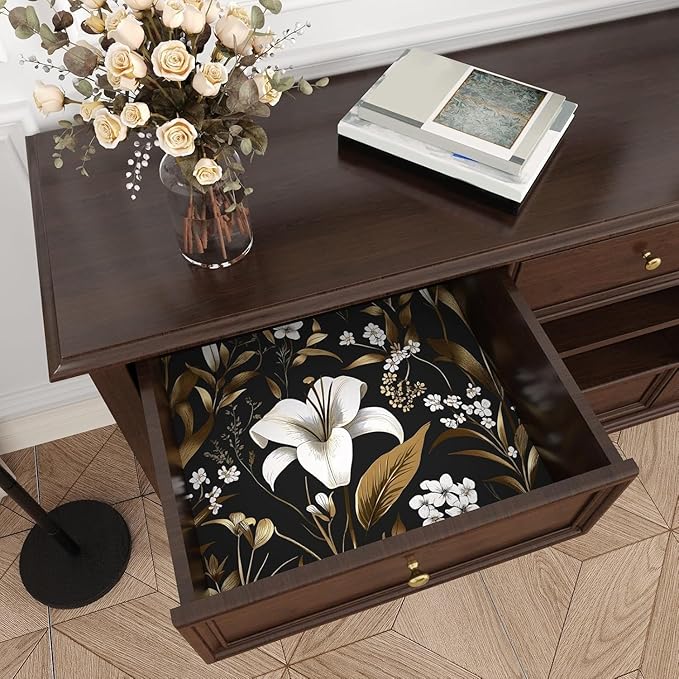 Black Gold Wallpaper Peel and Stick, Dark White Floral Vintage Contact Paper 17.5