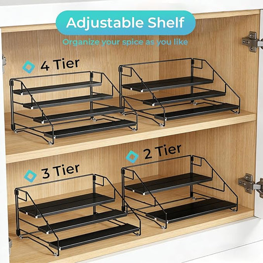 Black Spice Shelf, Tiered Spice Rack Organizer for Cabinet, 4 Tier Countertop Spice Rack, Depth Adjustable Seasoning Organizer for Cabinet