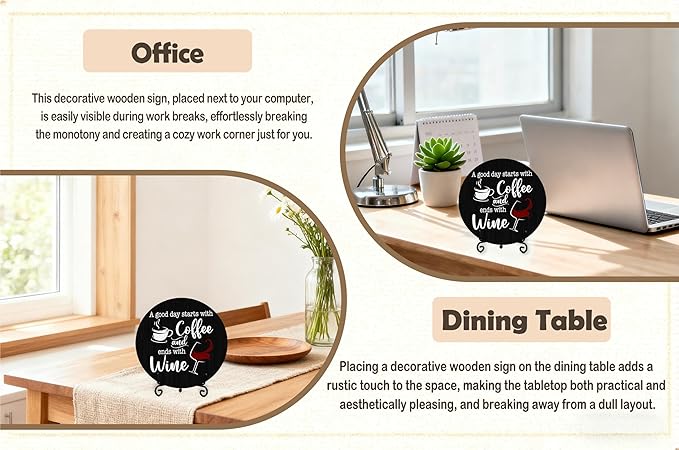 Coffee And Wine Desk Decor Sign, Rustic Funny Wooden Box Plaque, A Good Day Starts With Coffee And Ends With Wine Wood Sign, Decor For Home Kitchen Table Top, Wooden Round With Stand-19