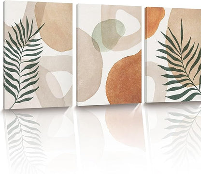 HesenDot Abstract Botanical Wall Art Set of 3, 40x60CM Neutral Plant Framed Canvas Prints, Beige Green Boho Aesthetic Wall Decor for Living Room Bedroom Bathroom Office Home