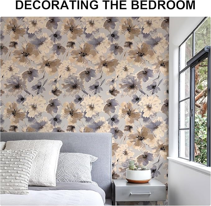 Purple Watercolor Floral Peel and Stick Wallpaper, 118" x 17.3" Vintage Removable Waterproof Self Adhesive Wall Paper, Brown Flower Contact Paper Peel and Stick for Classroom Cabinets 14.4 sq.ft