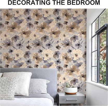 Purple Watercolor Floral Peel and Stick Wallpaper, 118" x 17.3" Vintage Removable Waterproof Self Adhesive Wall Paper, Brown Flower Contact Paper Peel and Stick for Classroom Cabinets 14.4 sq.ft