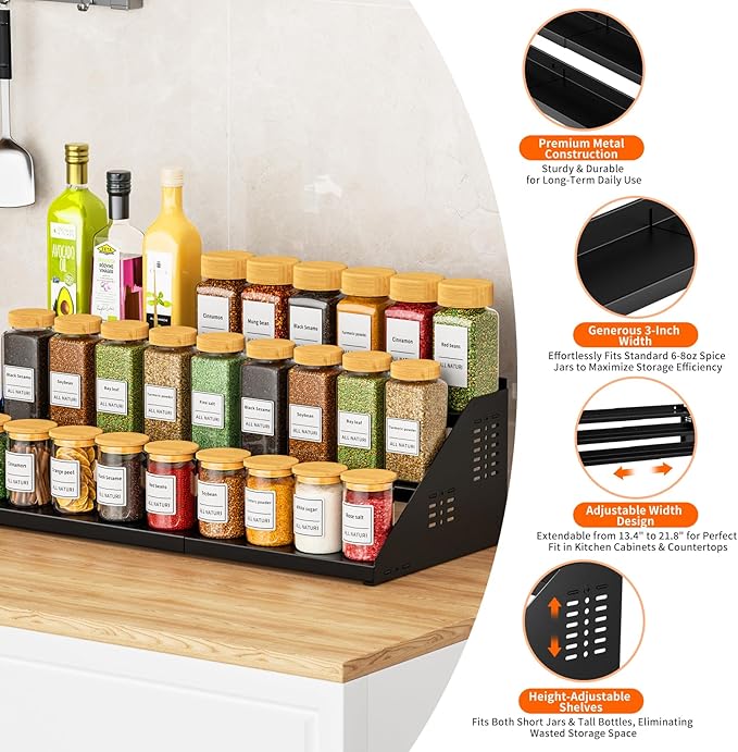 RCHYFEED Spice Rack Organizer for Cabinet, 3 Tier Spice Rack Expandable(13.4