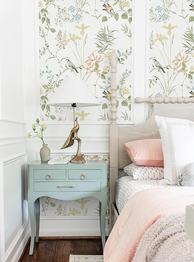 Erfoni 16.9" x118" Boho Floral Peel and Stick Wallpaper Green Floral and Birds Contact Paper DIY Self Adhesive Removable Wallpaper for Livingroom Cabinet Decor Modern Flower Leaf Wall Paper Vinyl Roll