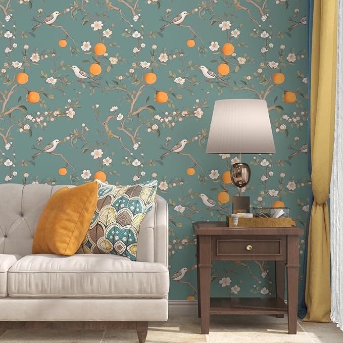 Green Floral Wallpaper Peel and Stick, Birds & Orange Fruits Contact Paper 17.5