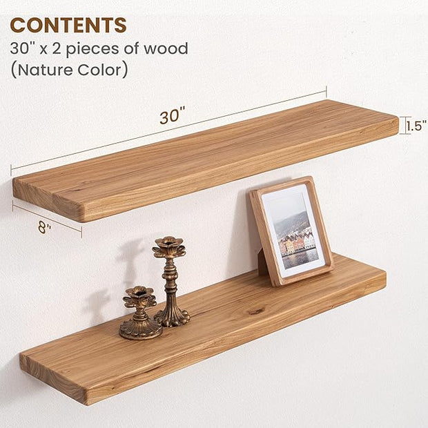Floating Shelves for Wall, 30"Wx8"D Rustic Solid Elm Wood Floating Shelves Wall Mounted, Round Edge Wall Shelves with Invisible Bracket for Living Room Bathroom Bedroom Kitchen, Set of 2, Natural