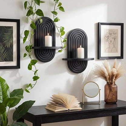 Set of 2 Boho Arched Floating Shelves 15.7”x 7.8”3D Wooden Hanging Shelf for Living Room Bedroom Nursery Mid Century Modern Wall Decor(Black, 11.7 * 15.7)