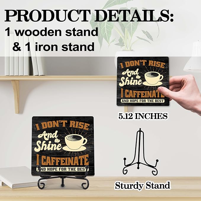Coffee Bar Decor, Farmhouse Kitchen Table Decor, Coffee Station Accessories, Wooden Decorative Sign with Iron Stand for Table Desk Shelf Display-E14